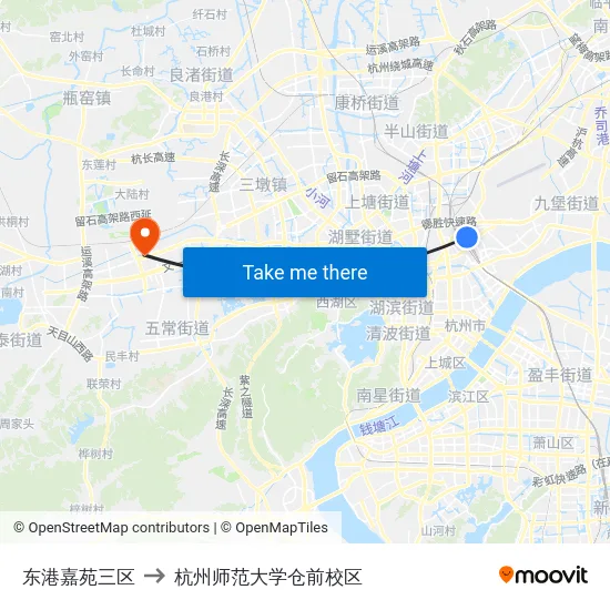 东港嘉苑三区 to 杭州师范大学仓前校区 map