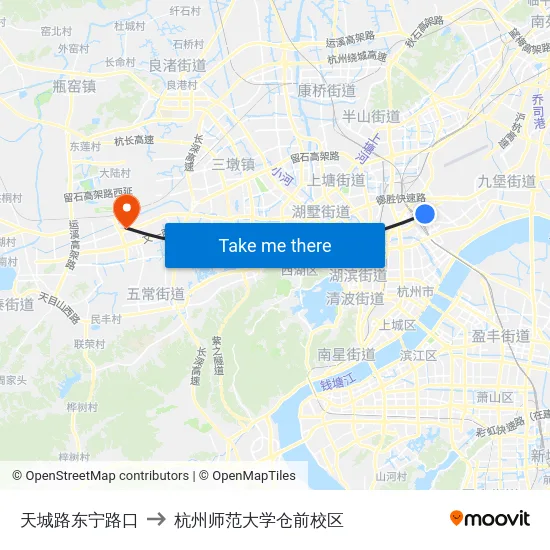 天城路东宁路口 to 杭州师范大学仓前校区 map