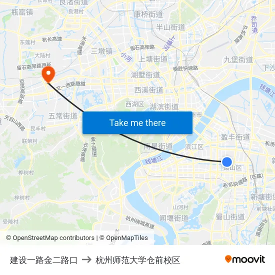 建设一路金二路口 to 杭州师范大学仓前校区 map