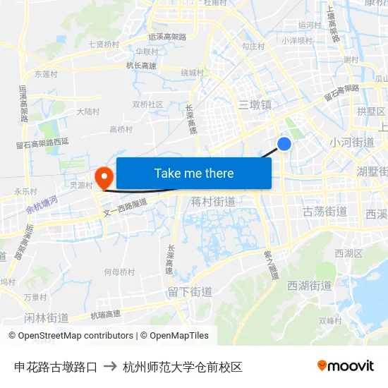 申花路古墩路口 to 杭州师范大学仓前校区 map