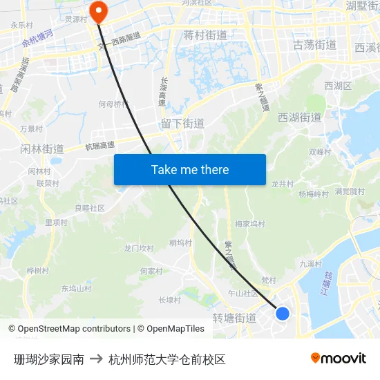珊瑚沙家园南 to 杭州师范大学仓前校区 map
