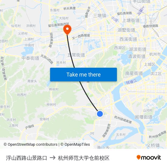 浮山西路山景路口 to 杭州师范大学仓前校区 map