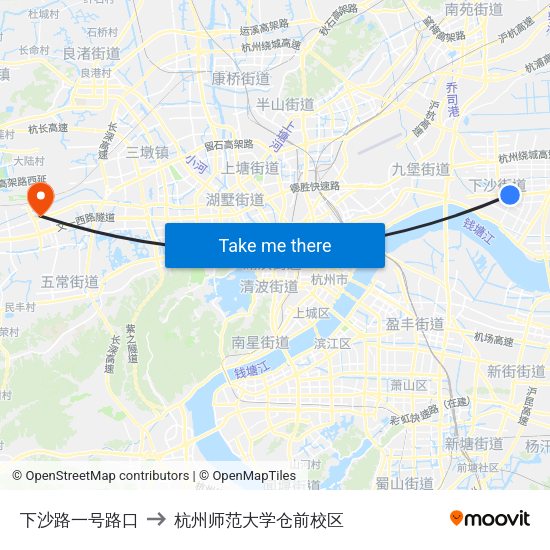 下沙路一号路口 to 杭州师范大学仓前校区 map