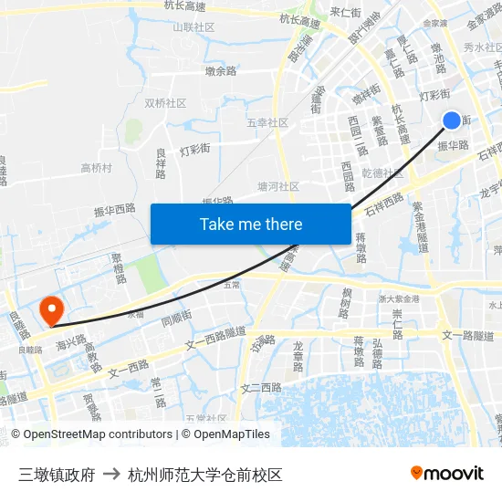 三墩镇政府 to 杭州师范大学仓前校区 map