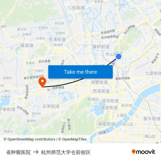 省肿瘤医院 to 杭州师范大学仓前校区 map