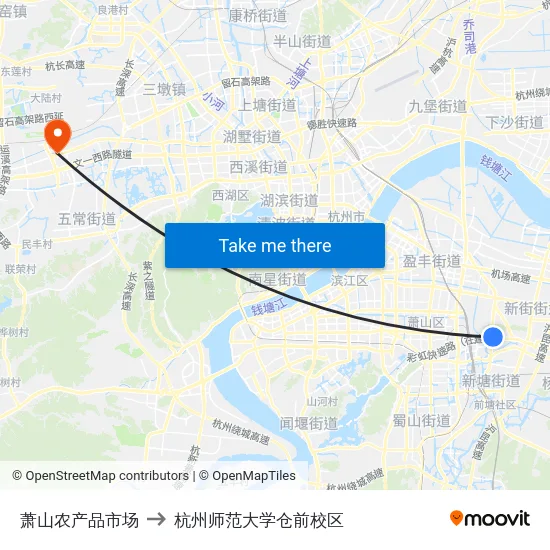 萧山农产品市场 to 杭州师范大学仓前校区 map