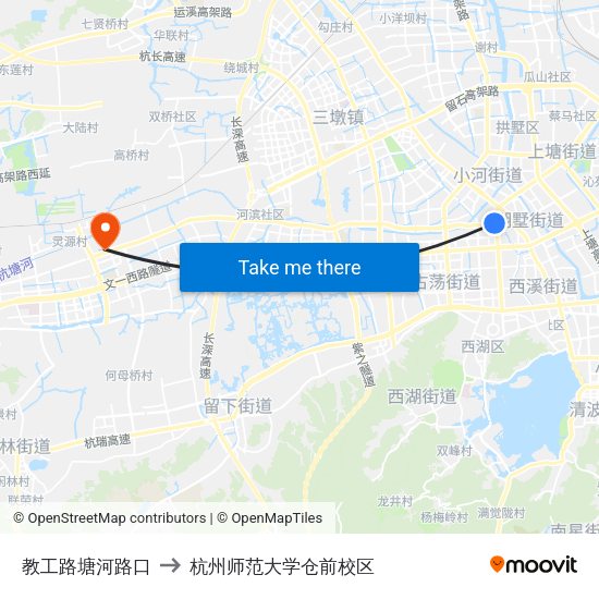 教工路塘河路口 to 杭州师范大学仓前校区 map