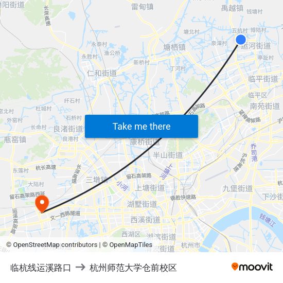 临杭线运溪路口 to 杭州师范大学仓前校区 map