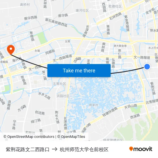 紫荆花路文二西路口 to 杭州师范大学仓前校区 map