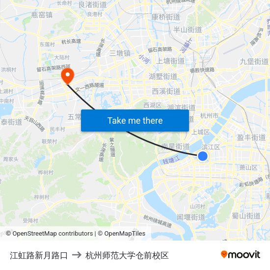江虹路新月路口 to 杭州师范大学仓前校区 map
