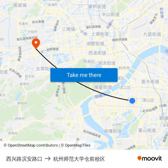 西兴路滨安路口 to 杭州师范大学仓前校区 map