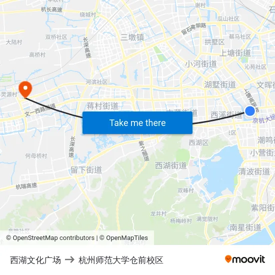 西湖文化广场 to 杭州师范大学仓前校区 map