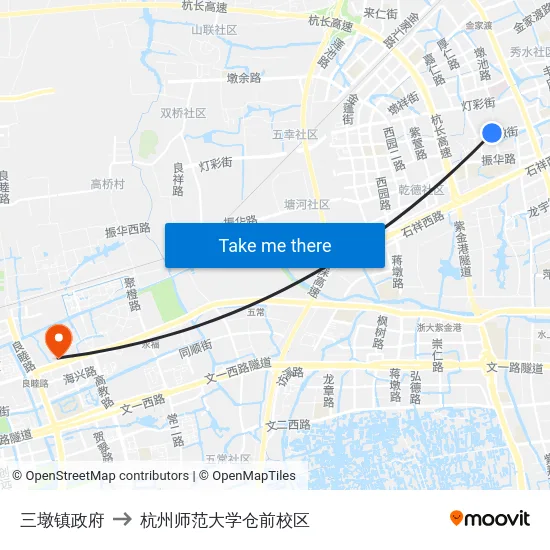 三墩镇政府 to 杭州师范大学仓前校区 map