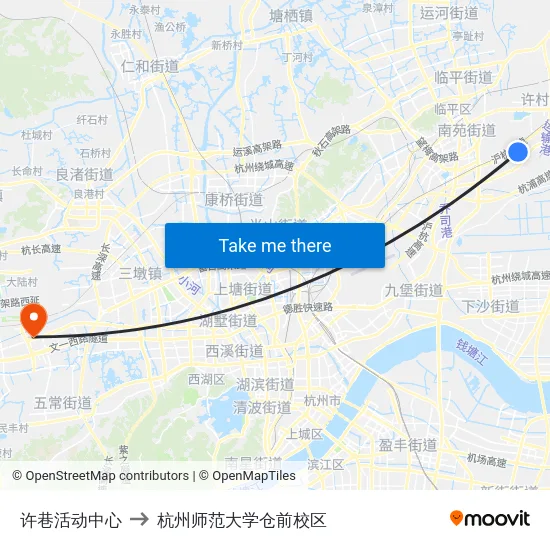许巷活动中心 to 杭州师范大学仓前校区 map