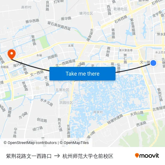紫荆花路文一西路口 to 杭州师范大学仓前校区 map