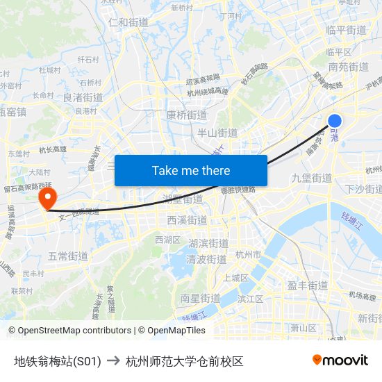 地铁翁梅站(S01) to 杭州师范大学仓前校区 map