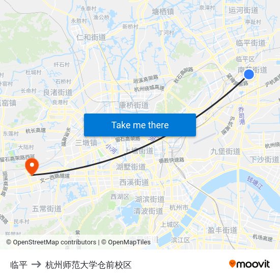 临平 to 杭州师范大学仓前校区 map