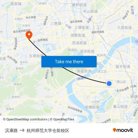 滨康路 to 杭州师范大学仓前校区 map