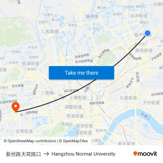 New Silk Road Tianhe Road Intersection to Hangzhou Normal University map