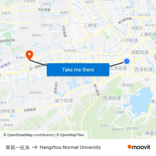 Cuiyuan Block 1 East to Hangzhou Normal University map