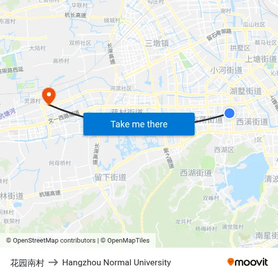 Huayuan South Village to Hangzhou Normal University map