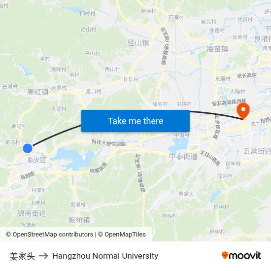 Jiang Jia Head to Hangzhou Normal University map