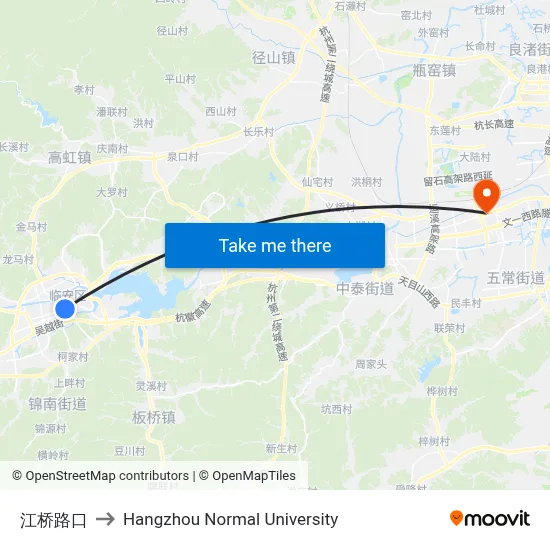 Jiangqiao Intersection to Hangzhou Normal University map