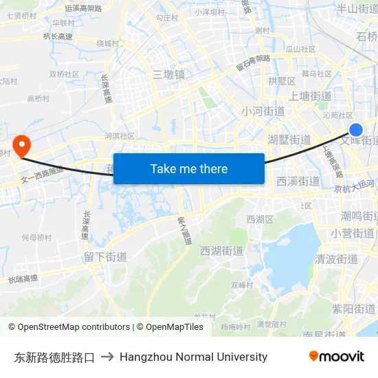 Dongxin Rd & Desheng Rd Intersection to Hangzhou Normal University map