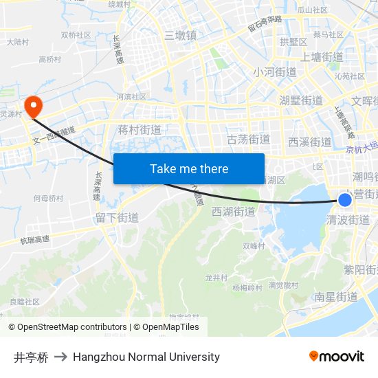 井亭桥 to Hangzhou Normal University map