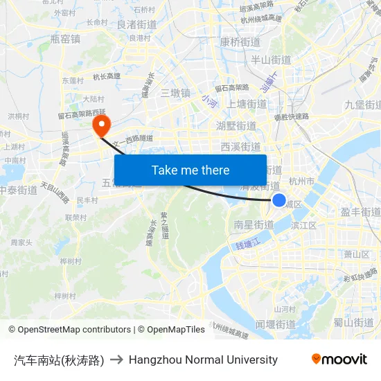 汽车南站(秋涛路) to Hangzhou Normal University map