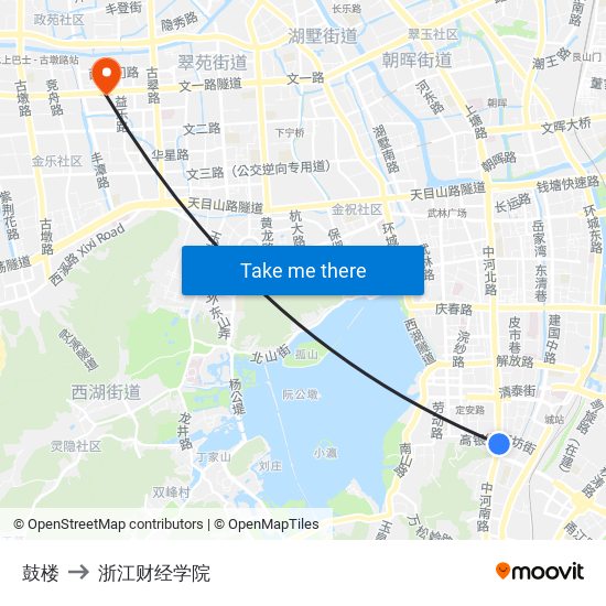 鼓楼 to 浙江财经学院 map