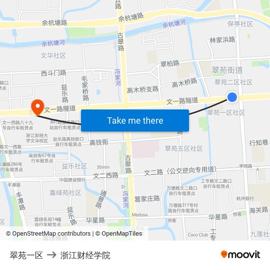 翠苑一区 to 浙江财经学院 map