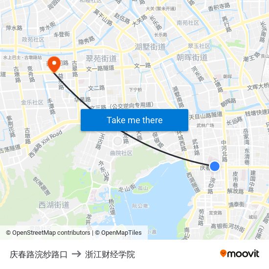 庆春路浣纱路口 to 浙江财经学院 map