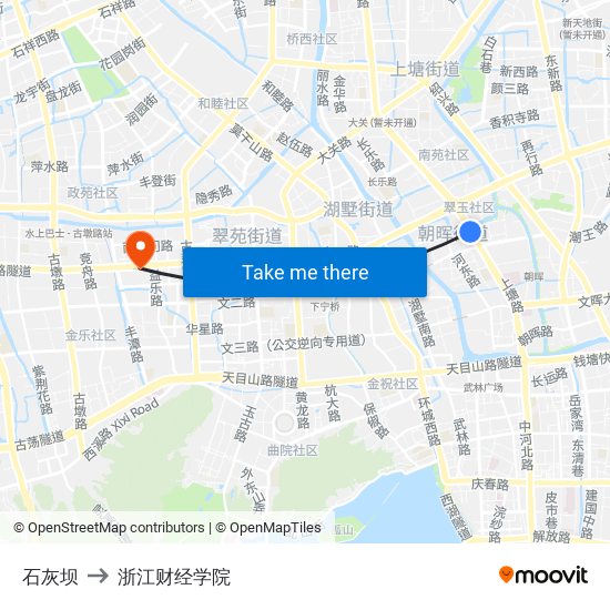 石灰坝 to 浙江财经学院 map