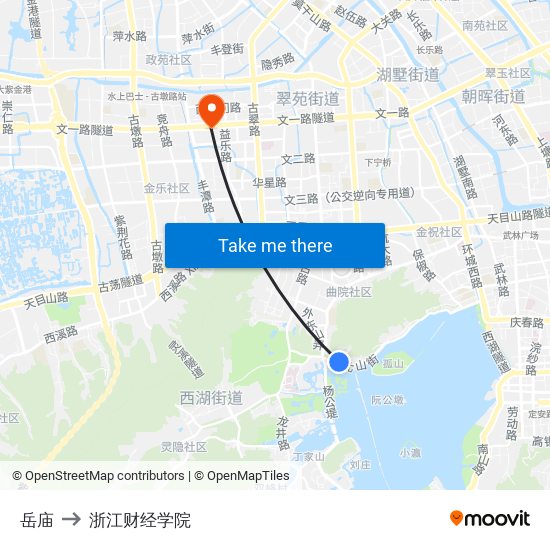 岳庙 to 浙江财经学院 map