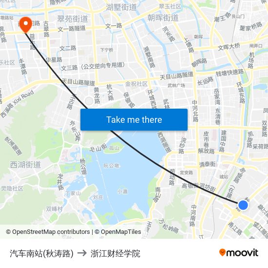 汽车南站(秋涛路) to 浙江财经学院 map