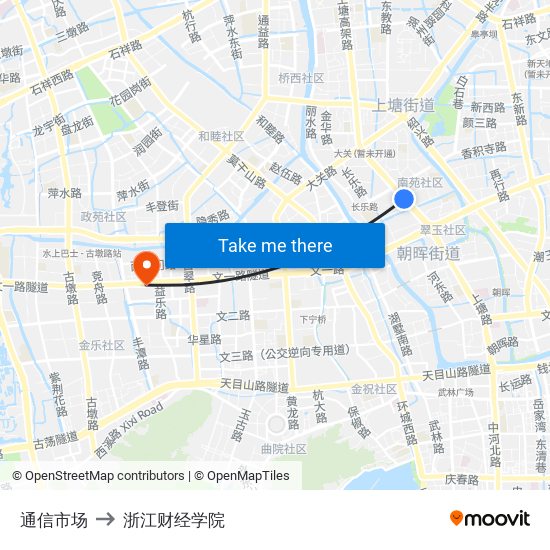 通信市场 to 浙江财经学院 map