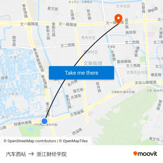 汽车西站 to 浙江财经学院 map