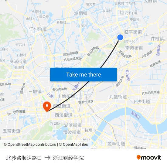 北沙路顺达路口 to 浙江财经学院 map