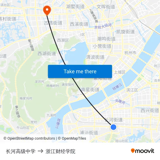 长河高级中学 to 浙江财经学院 map
