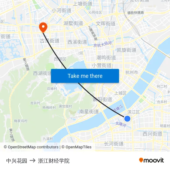 中兴花园 to 浙江财经学院 map