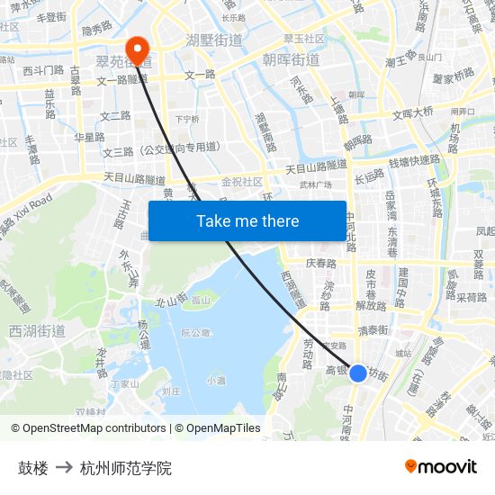 鼓楼 to 杭州师范学院 map