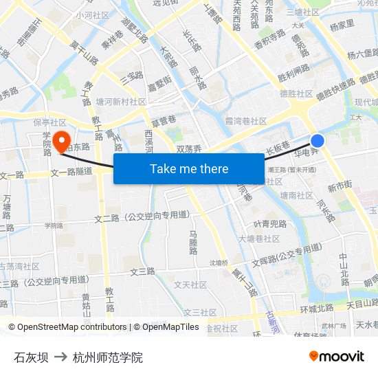 石灰坝 to 杭州师范学院 map