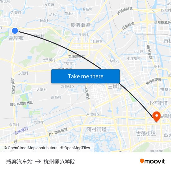 瓶窑汽车站 to 杭州师范学院 map