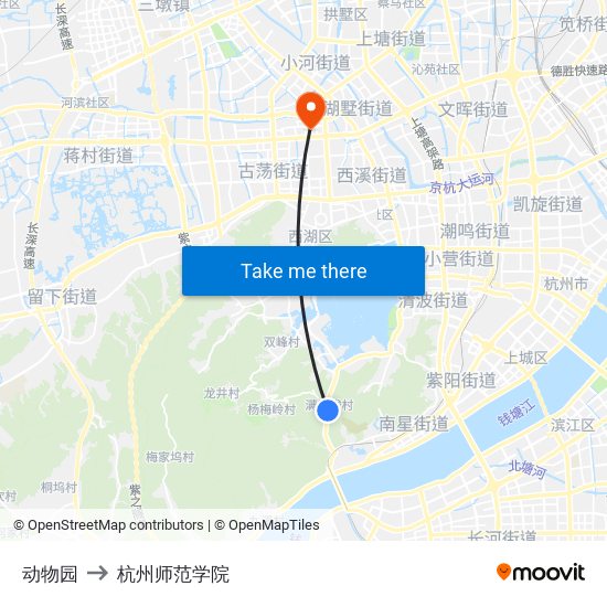 动物园 to 杭州师范学院 map