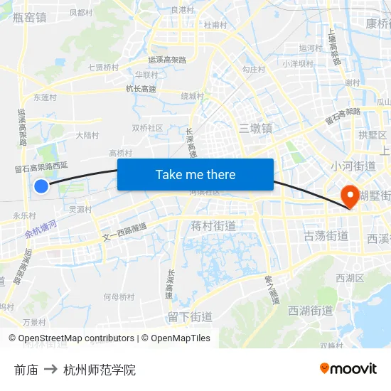前庙 to 杭州师范学院 map