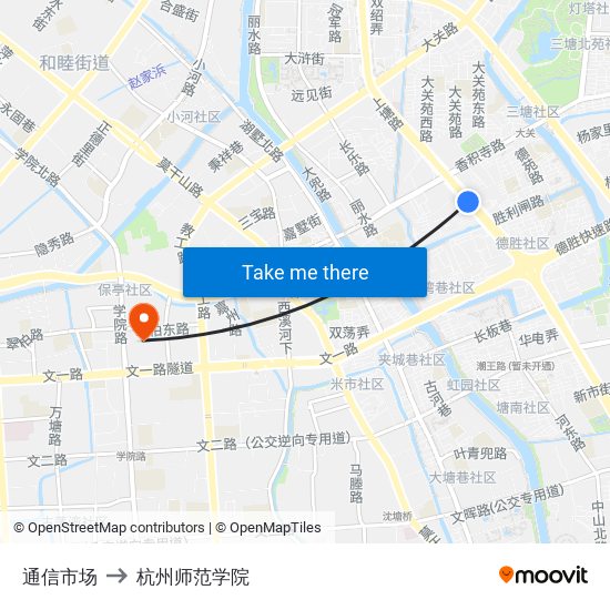 通信市场 to 杭州师范学院 map