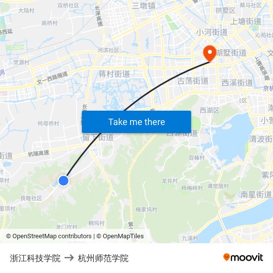 浙江科技学院 to 杭州师范学院 map