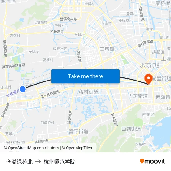 仓溢绿苑北 to 杭州师范学院 map