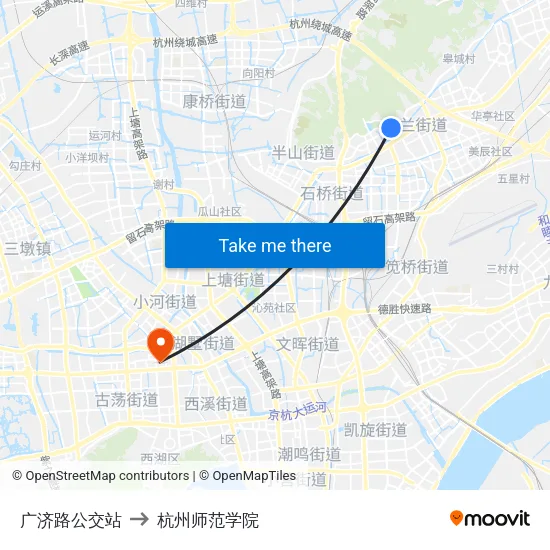 广济路公交站 to 杭州师范学院 map